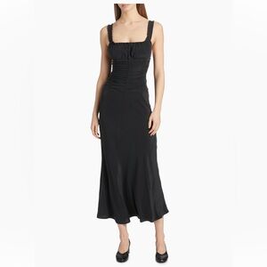 STAUD Nic Silk Midi Dress Black Ruched Square Neck Slip Dress Size 10 NWT